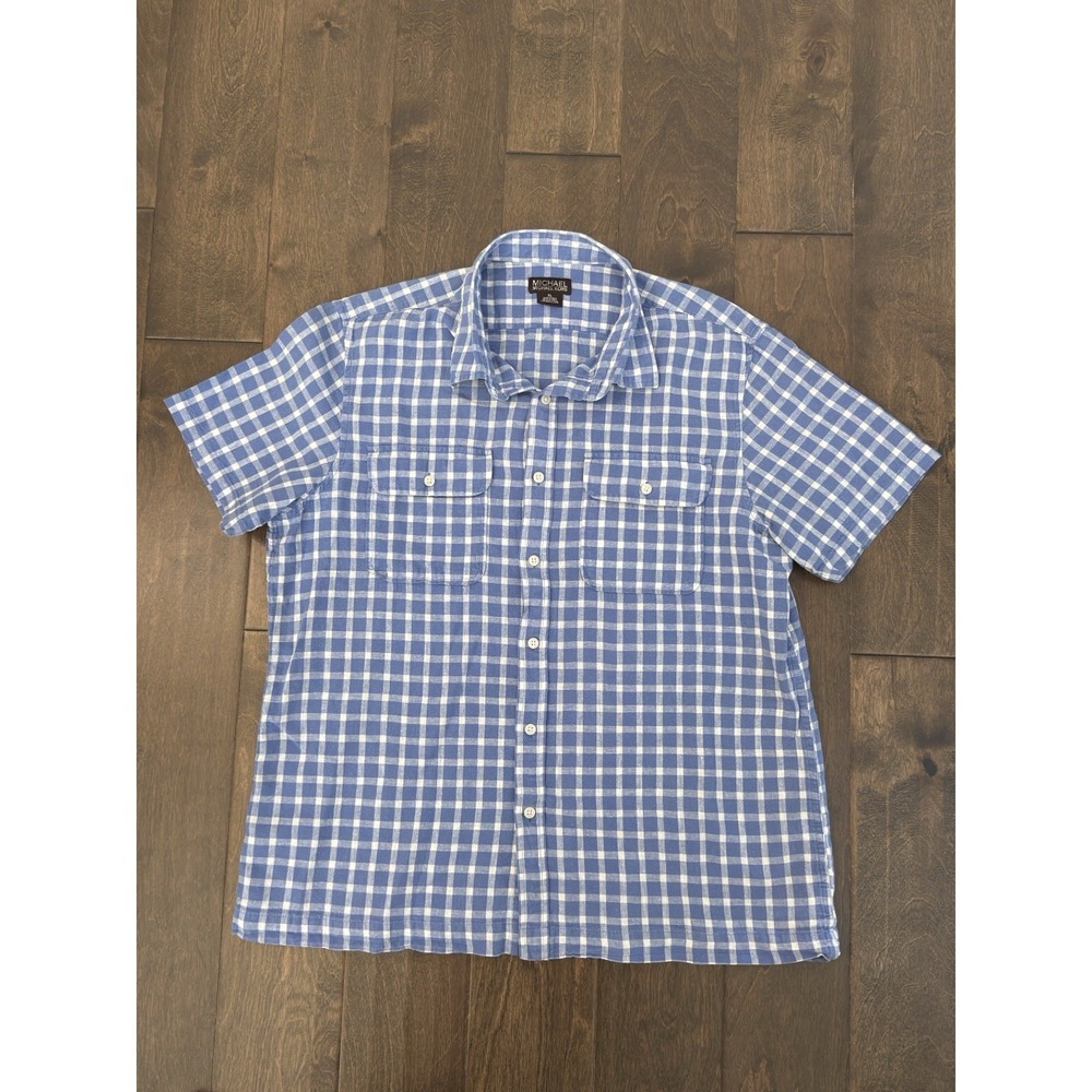Michael Kors Linen Blend Shirt Mens XL Button Up Blue White Check Short Sleeve